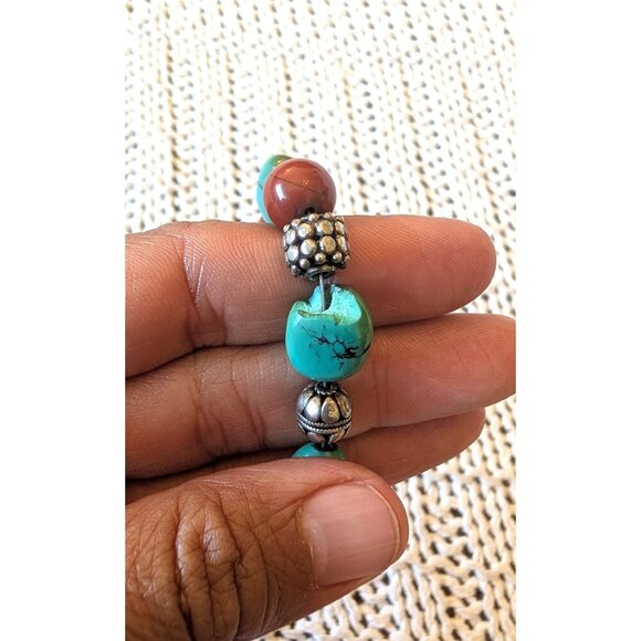 Vintage Turquoise & Coral Necklace Sterling Silver 115.4g Tribal Native American - Picture 3 of 13